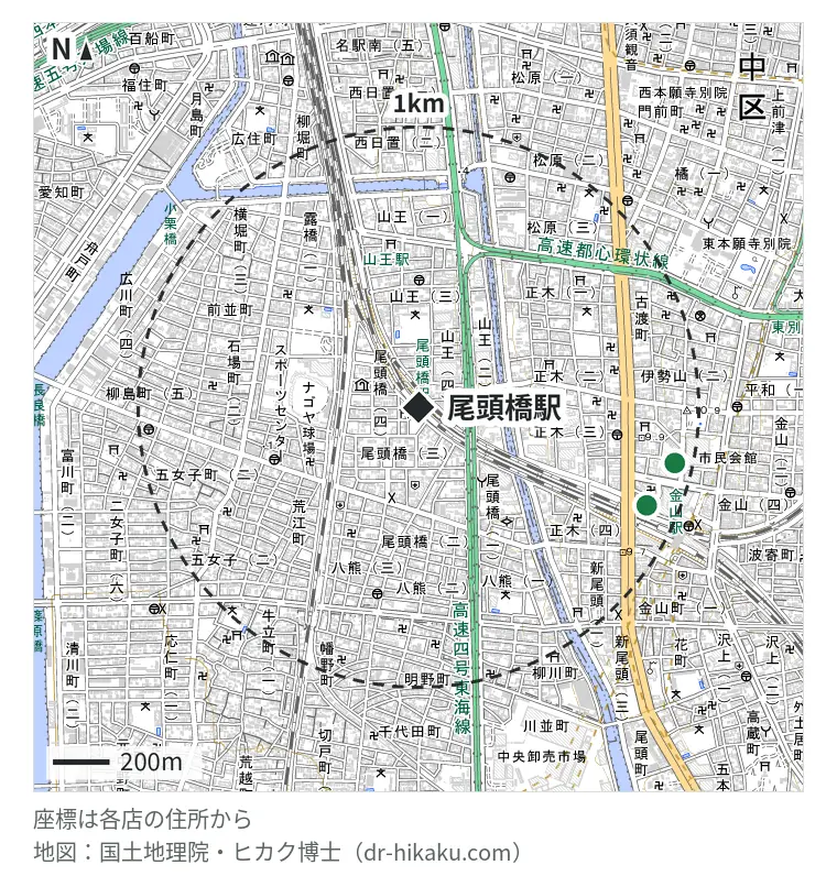 尾頭橋駅周辺（1km以内）のiPhone修理店 2店の位置図：スマホスピタル 名古屋金山店 881m、iphone直します.com 金山駅前店 930m