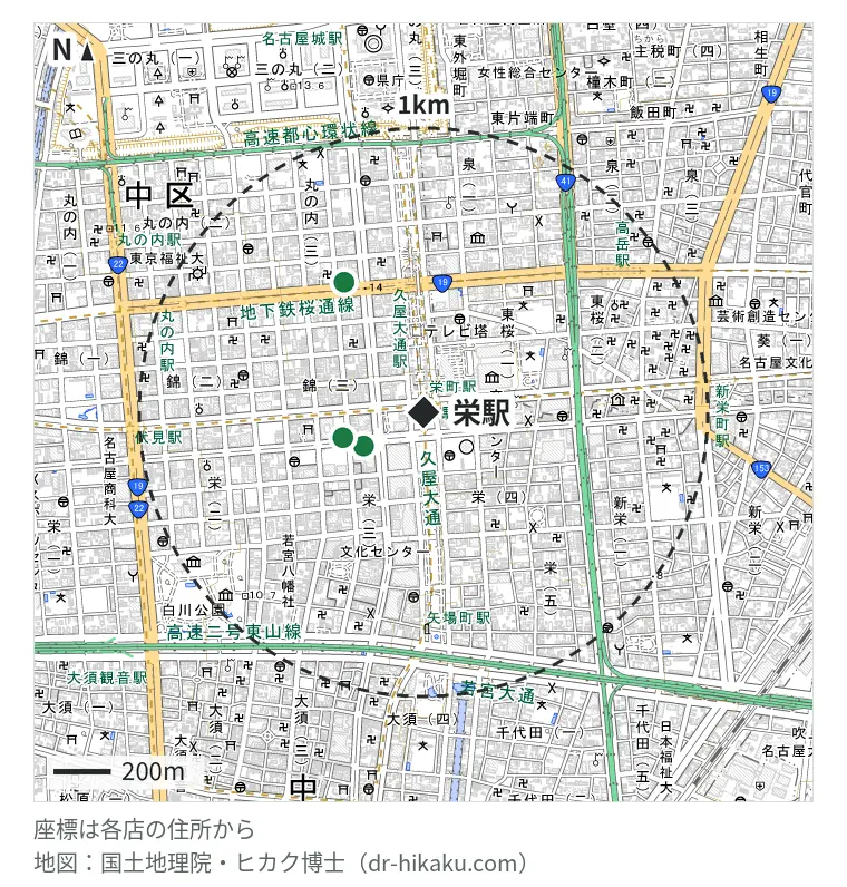 栄駅周辺（1km以内）のiPhone修理店 3店の位置図：モバイル修理救急便 メルサ栄店 231m、スマホ修理王 名古屋栄店 290m、iPhoneRepair 名古屋中区店 512m