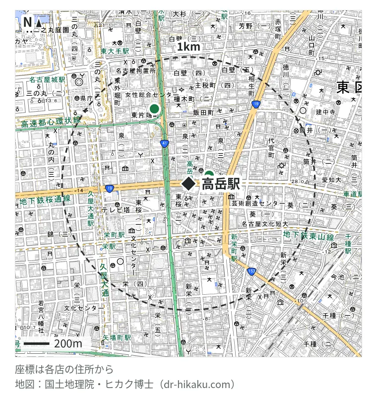 高岳駅周辺（1km以内）のiPhone修理店 2店の位置図：iPhone修理アイサポ 名古屋泉店 175m、モバイル修理.jp 名古屋東店 647m
