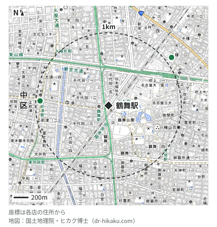 鶴舞駅周辺（1km以内）のiPhone修理店 2店の位置図：iPhone修理アイサポ 上前津店 810m、スマホステーション イオンタウン千種店 950m
