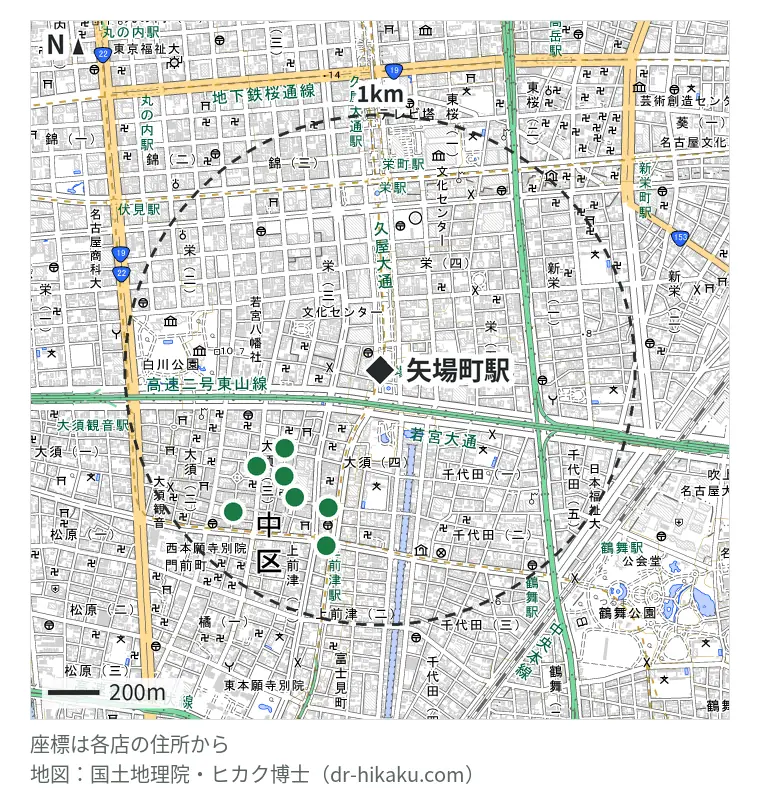 矢場町駅周辺（1km以内）のiPhone修理店 7店の位置図：じゃんぱら 名古屋大須2号店 481m、RiP MOBILELABONAGOYA 558m、ロジックマジック 574m、じゃんぱら 名古屋OSU301店 597m、じゃんぱら 名古屋大須店 611m、iPhone修理アイサポ 上前津店 717m、スマホ修理王 大須店 796m