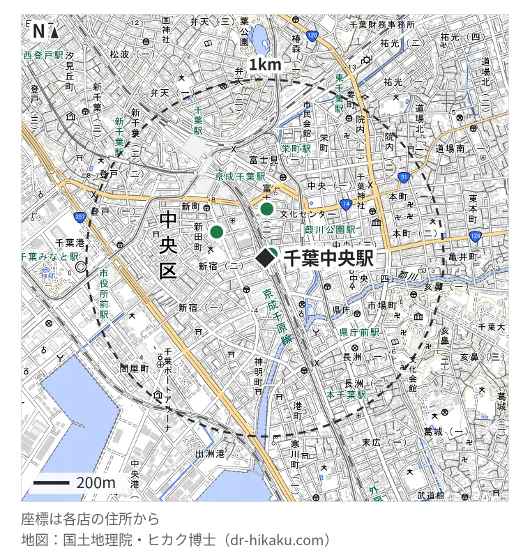 千葉中央駅周辺（1km以内）のiPhone修理店 4店の位置図：スマホBuyerJapan 千葉Mio店 40m、スマホ修理のクイック 千葉店 273m、じゃんぱら 千葉店 306m、iPhone修理アイサポ 千葉中央店 346m