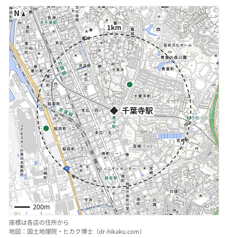 千葉寺駅周辺（1km以内）のiPhone修理店 2店の位置図：iPhone修理アイサポ 千葉寺店 395m、スマプラ アリオ蘇我店 908m