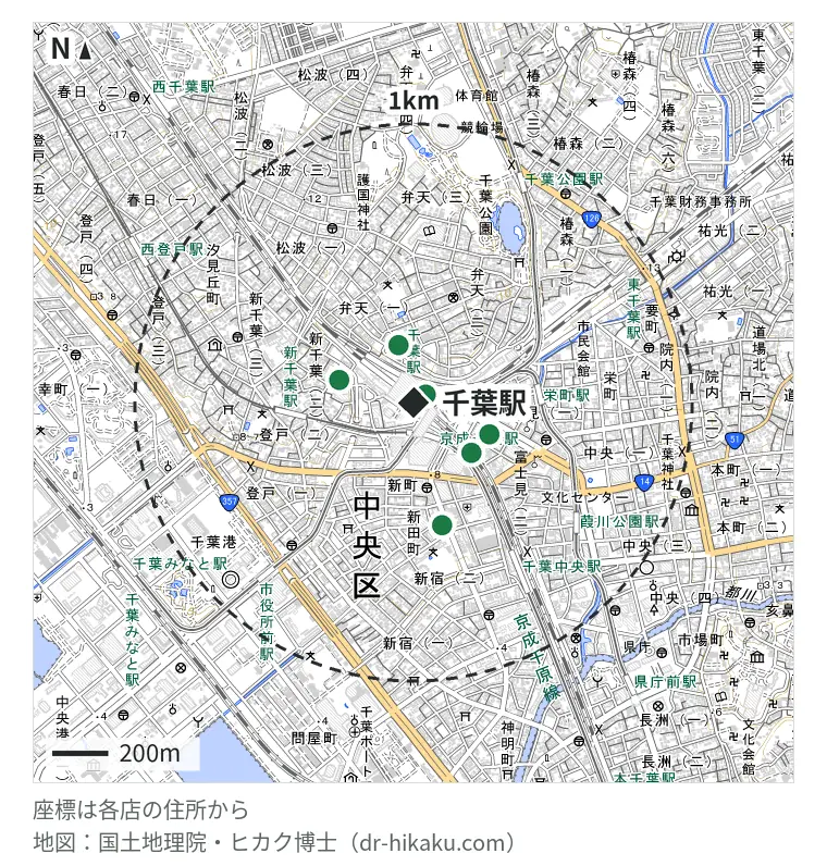 千葉駅周辺（1km以内）のiPhone修理店 6店の位置図：iPhone修理工房 ペリエ千葉店 (スマホ修理工房内) 84m、あいプロ 千葉駅前店 123m、スマホBuyerJapan C-one店 205m、りんごLabo 千葉駅前店 215m、モバイル修理救急便 千葉駅前店 242m、じゃんぱら 千葉店 375m