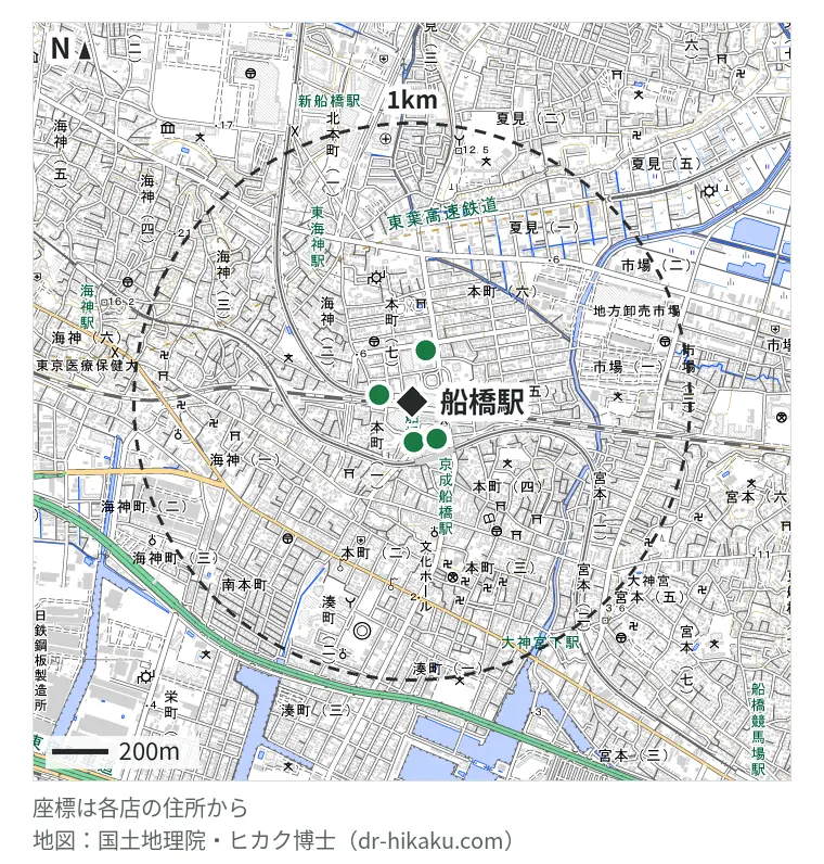 船橋駅周辺（1km以内）のiPhone修理店 5店の位置図：モバイル修理救急便 東武百貨店船橋店 102m、スマホ修理工房 船橋店 124m、スマホスピタル 船橋FACE店 135m、iCrackedStore イトーヨーカドー船橋 174m、スマホ修理ジャパン 船橋店 180m