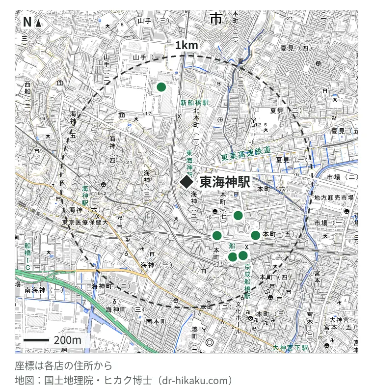 東海神駅周辺（1km以内）のiPhone修理店 6店の位置図：iCrackedStore イトーヨーカドー船橋 487m、モバイル修理救急便 東武百貨店船橋店 489m、スマホ修理ジャパン 船橋店 690m、スマホ修理工房 船橋店 697m、スマホスピタル 船橋FACE店 734m、スマプラ イオンモール船橋店 774m