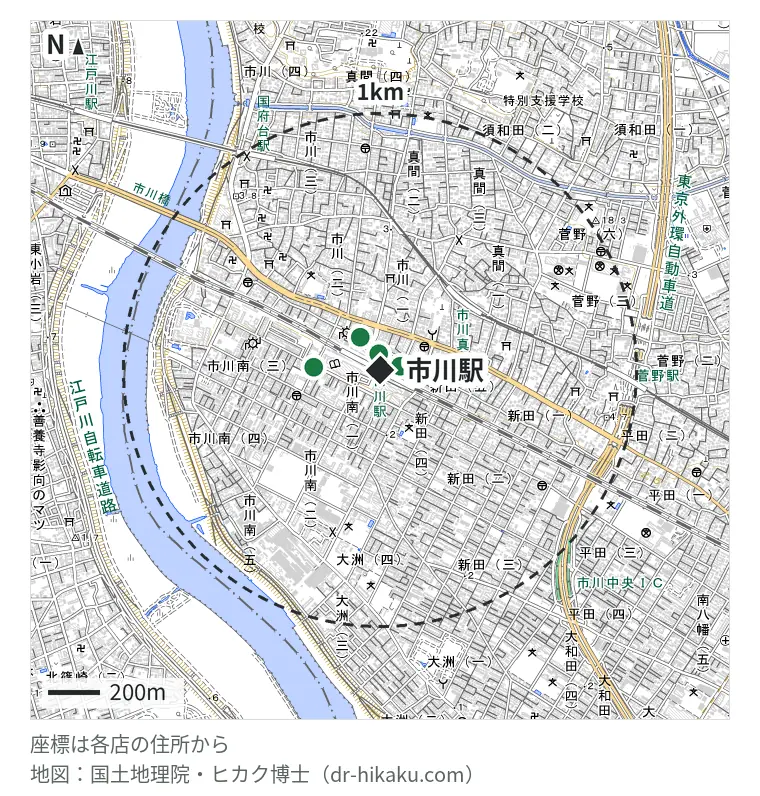 市川駅周辺（1km以内）のiPhone修理店 4店の位置図：ノジマ 市川駅前店 63m、スマホ修理ジャパン 市川店 80m、あいプロ 市川駅前店 147m、スマホ修理のクイック 市川店 256m
