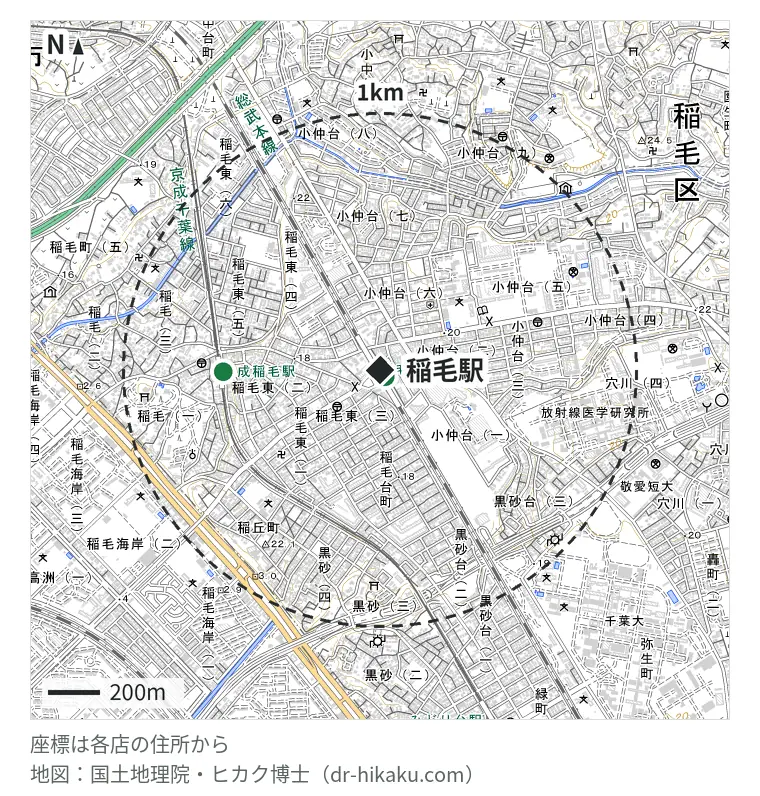 稲毛駅周辺（1km以内）のiPhone修理店 2店の位置図：iCrackedStore ペリエ稲毛 33m、あいプロ 稲毛駅前店 609m
