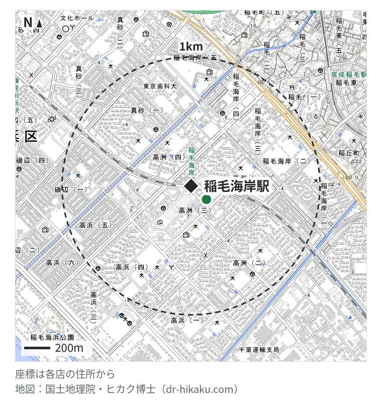 稲毛海岸駅周辺（1km以内）のiPhone修理店 2店の位置図：スマホ修理SHOP マリンピア専門館店 159m、ノジマ マリンピア専門館店 159m