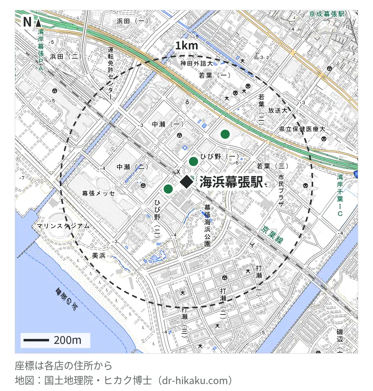 海浜幕張駅周辺（1km以内）のiPhone修理店 3店の位置図：EyeSmart プレナ幕張・新都心店 154m、スマホ修理のクイック 海浜幕張店 168m、カメラのキタムラ Apple製品修理サービス千葉・イオン幕張店 484m
