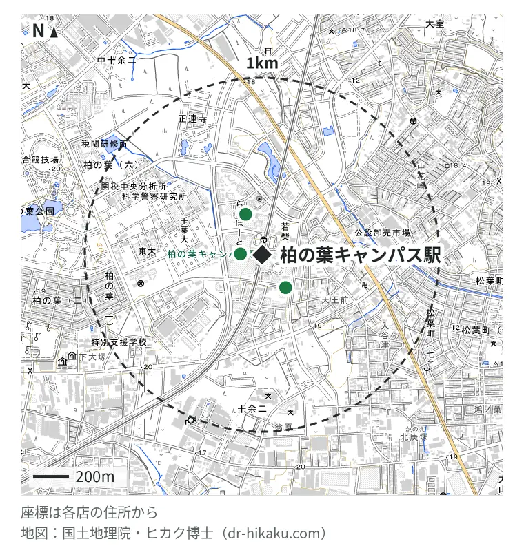 柏の葉キャンパス駅周辺（1km以内）のiPhone修理店 3店の位置図：スマプラ ららぽーと柏の葉店 121m、iPhone修理アイサポ 柏の葉キャンパス店 227m、ノジマ ららぽーと柏の葉店 244m