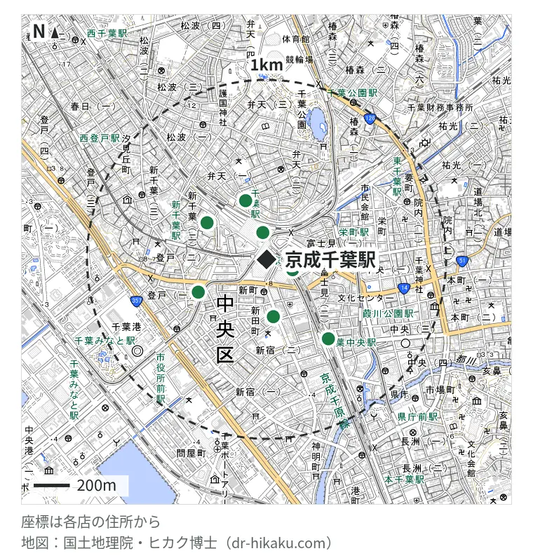 京成千葉駅周辺（1km以内）のiPhone修理店 8店の位置図：iPhone修理工房 ペリエ千葉店 (スマホ修理工房内) 150m、スマホBuyerJapan C-one店 155m、モバイル修理救急便 千葉駅前店 208m、じゃんぱら 千葉店 319m、あいプロ 千葉駅前店 346m、りんごLabo 千葉駅前店 385m、あいプロ 千葉本店 418m、スマホBuyerJapan 千葉Mio店 558m