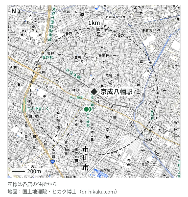 京成八幡駅周辺（1km以内）のiPhone修理店 2店の位置図：モバイル修理救急便 PATIO本八幡店 288m、EyeSmart シャポー本八幡店 302m