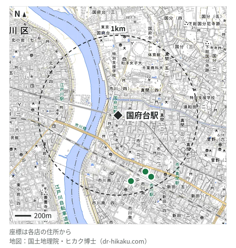 国府台駅周辺（1km以内）のiPhone修理店 3店の位置図：あいプロ 市川駅前店 780m、スマホ修理のクイック 市川店 833m、ノジマ 市川駅前店 869m
