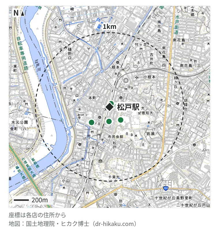松戸駅周辺（1km以内）のiPhone修理店 4店の位置図：モバイル修理救急便 松戸駅前店 35m、ダイワンテレコム 松戸店 180m、iCrackedStore プラーレ松戸 220m、iPhoneステーション 松戸店 310m