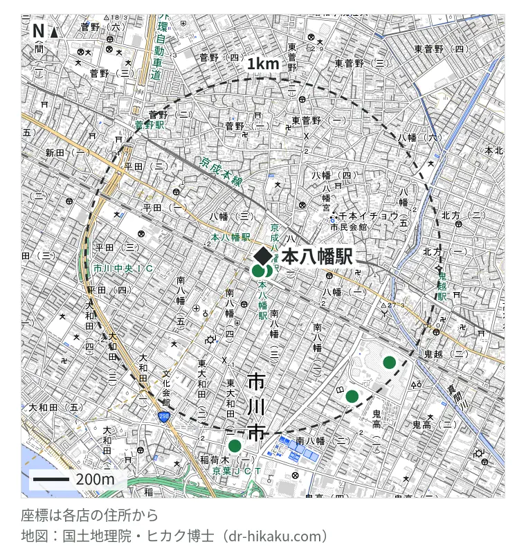 本八幡駅周辺（1km以内）のiPhone修理店 5店の位置図：モバイル修理救急便 PATIO本八幡店 56m、EyeSmart シャポー本八幡店 76m、ノジマ コルトンプラザ店 802m、スマプラ ニッケコルトンプラザ市川店 823m、スマホ職人 市川店 942m