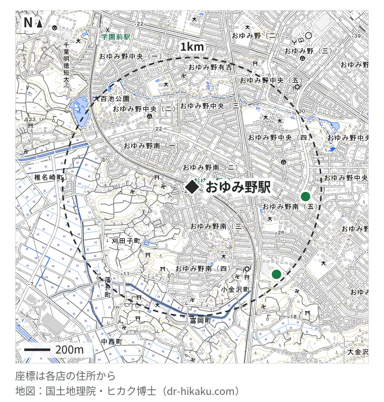 おゆみ野駅周辺（1km以内）のiPhone修理店 2店の位置図：iPhone修理アイサポ おゆみ野店 876m、EyeSmart イオンタウンおゆみ野千葉市原店 935m