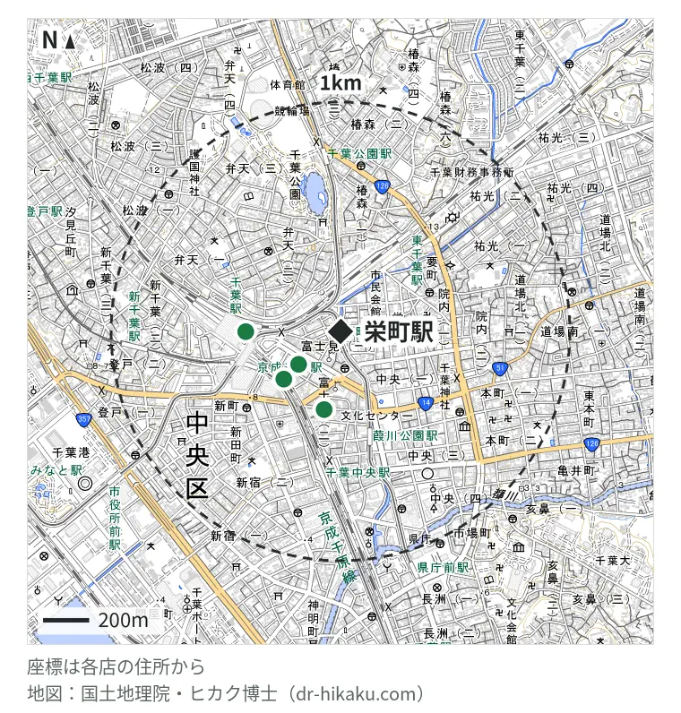栄町駅周辺（1km以内）のiPhone修理店 4店の位置図：モバイル修理救急便 千葉駅前店 231m、スマホBuyerJapan C-one店 322m、スマホ修理のクイック 千葉店 345m、iPhone修理工房 ペリエ千葉店 (スマホ修理工房内) 410m