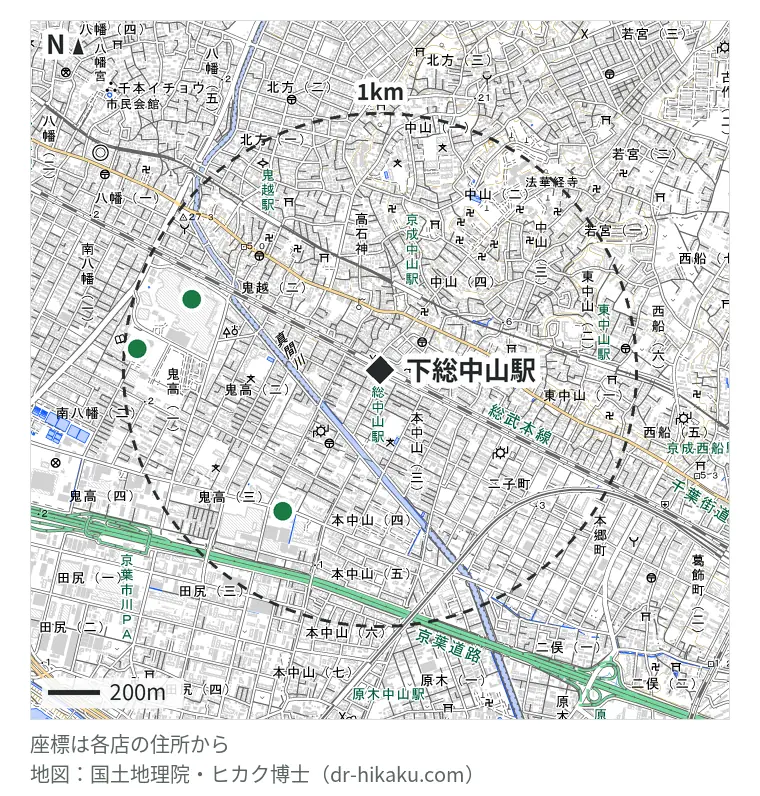 下総中山駅周辺（1km以内）のiPhone修理店 3店の位置図：スマホ修理工房 市川鬼高店 665m、スマプラ ニッケコルトンプラザ市川店 779m、ノジマ コルトンプラザ店 943m