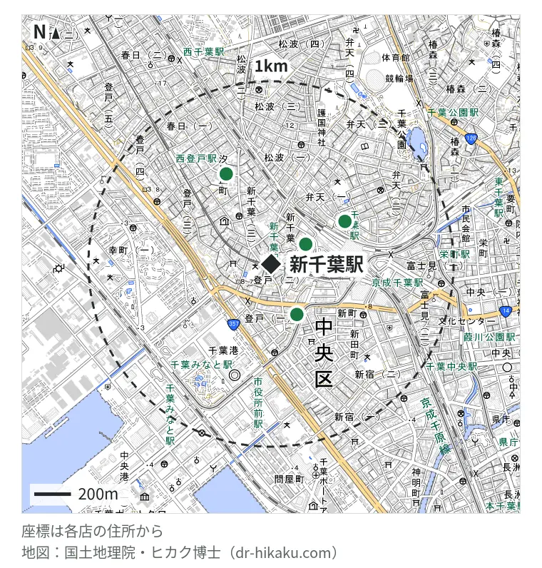 新千葉駅周辺(1km以内)のiPhone修理店 4店の位置図:りんごLabo 千葉駅前店 218m、あいプロ 千葉本店 309m、あいプロ 千葉駅前店 464m、iPhoneステーション 千葉・西千葉店 547m