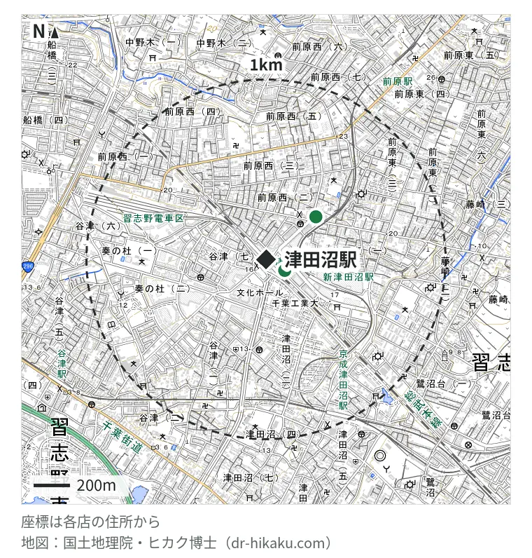 津田沼駅周辺（1km以内）のiPhone修理店 2店の位置図：じゃんぱら 津田沼店 120m、iPhone修理のクイック 千葉津田沼店 364m