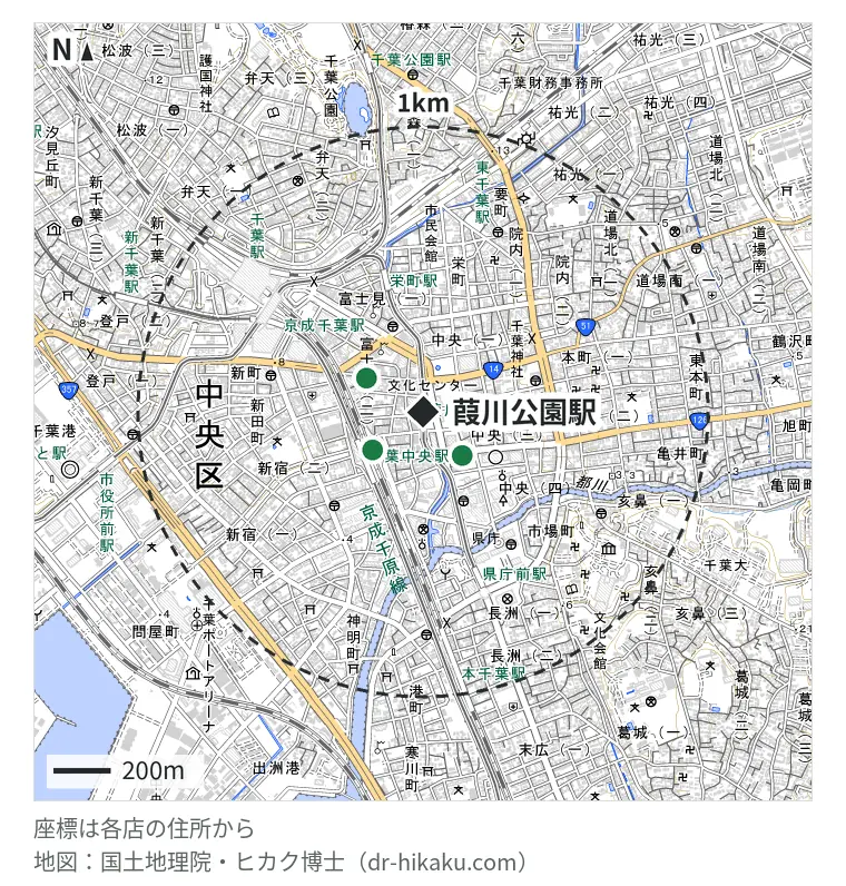 葭川公園駅周辺(1km以内)のiPhone修理店 3店の位置図:iPhone修理アイサポ 千葉中央店 206m、スマホBuyerJapan 千葉Mio店 220m、スマホ修理のクイック 千葉店 230m
