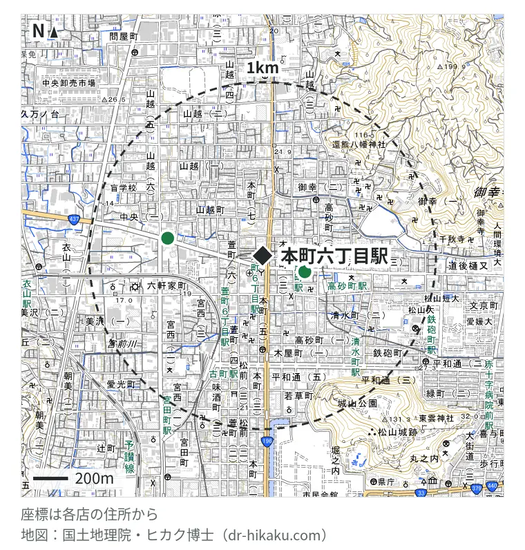 本町六丁目駅周辺（1km以内）のiPhone修理店 2店の位置図：スマホ修理工房 松山高砂町店 228m、iPhone修理アイサポ 松山中央店 521m