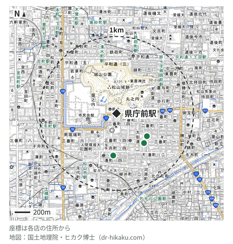 県庁前駅周辺（1km以内）のiPhone修理店 3店の位置図：スマップル 松山店 491m、カメラのキタムラ Apple製品修理サービス松山・大街道店 523m、アイクラフト 松山店 546m