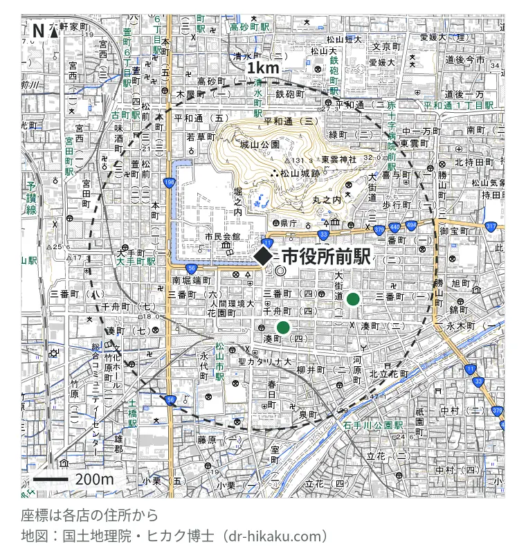 市役所前駅周辺（1km以内）のiPhone修理店 2店の位置図：アイクラフト 松山店 425m、カメラのキタムラ Apple製品修理サービス松山・大街道店 571m