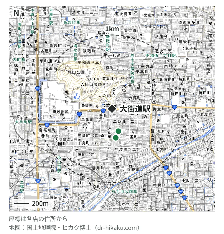 大街道駅周辺（1km以内）のiPhone修理店 2店の位置図：スマップル 松山店 315m、カメラのキタムラ Apple製品修理サービス松山・大街道店 395m