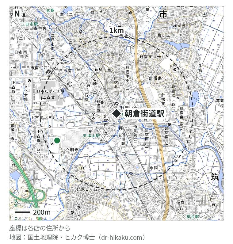 朝倉街道駅周辺（1km以内）のiPhone修理店 2店の位置図：スマホピッとイン ゆめタウン筑紫野店 547m、スマートクール イオンモール筑紫野店 847m