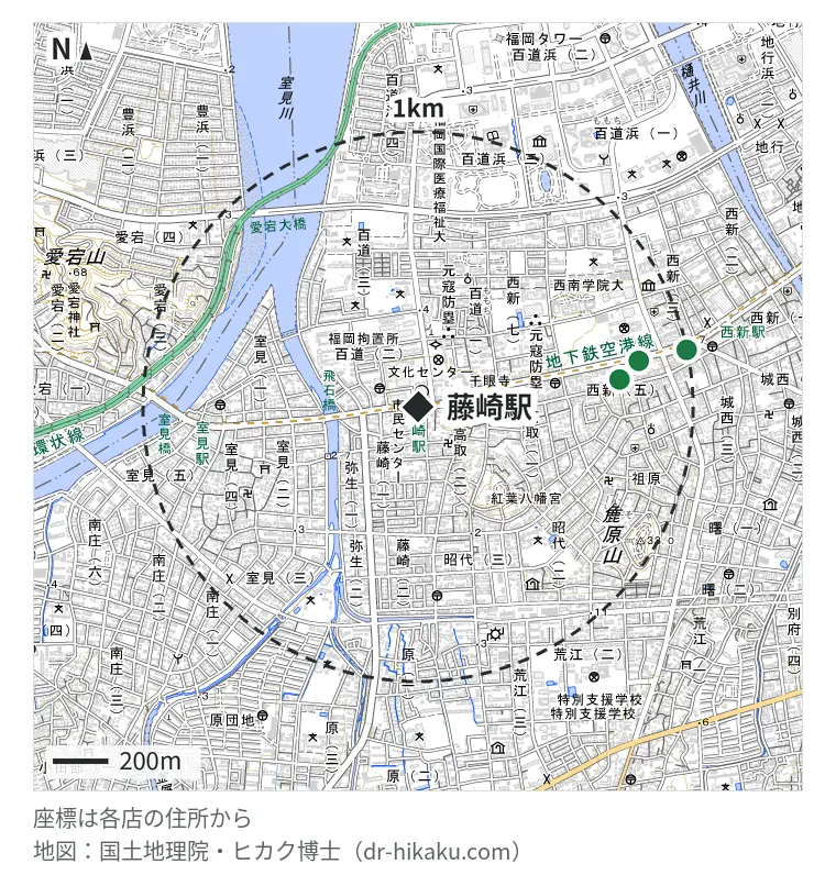 藤崎駅周辺（1km以内）のiPhone修理店 3店の位置図：iatQ 736m、iPhone修理アイサポ 西新店 816m、スマホリペア 西新店 993m