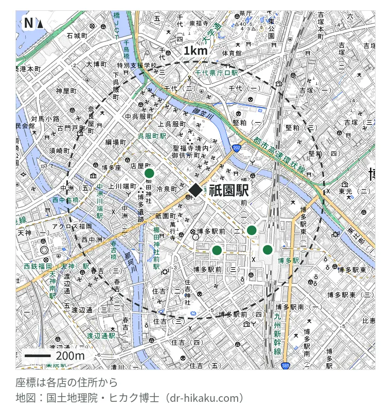 祇園駅周辺（1km以内）のiPhone修理店 6店の位置図：モバイルZ 店屋町店 380m、スマホ修理の匠 博多駅前店 494m、スマホ修理王 博多バスターミナル店 535m、スマップル 博多店 724m、iCrackedStore ハンズ博多 724m、モバイル修理救急便 アミュエスト博多店 724m