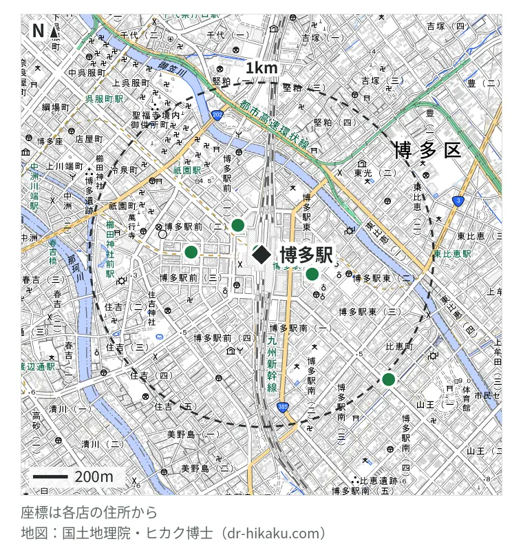 博多駅周辺（1km以内）のiPhone修理店 7店の位置図：スマップル 博多店 18m、iCrackedStore ハンズ博多 18m、モバイル修理救急便 アミュエスト博多店 18m、スマホ修理王 博多バスターミナル店 185m、スマホ修理の匠 博多駅前店 217m、じゃんぱら 博多店 253m、じゃんぱら 福岡筑紫通り店 975m