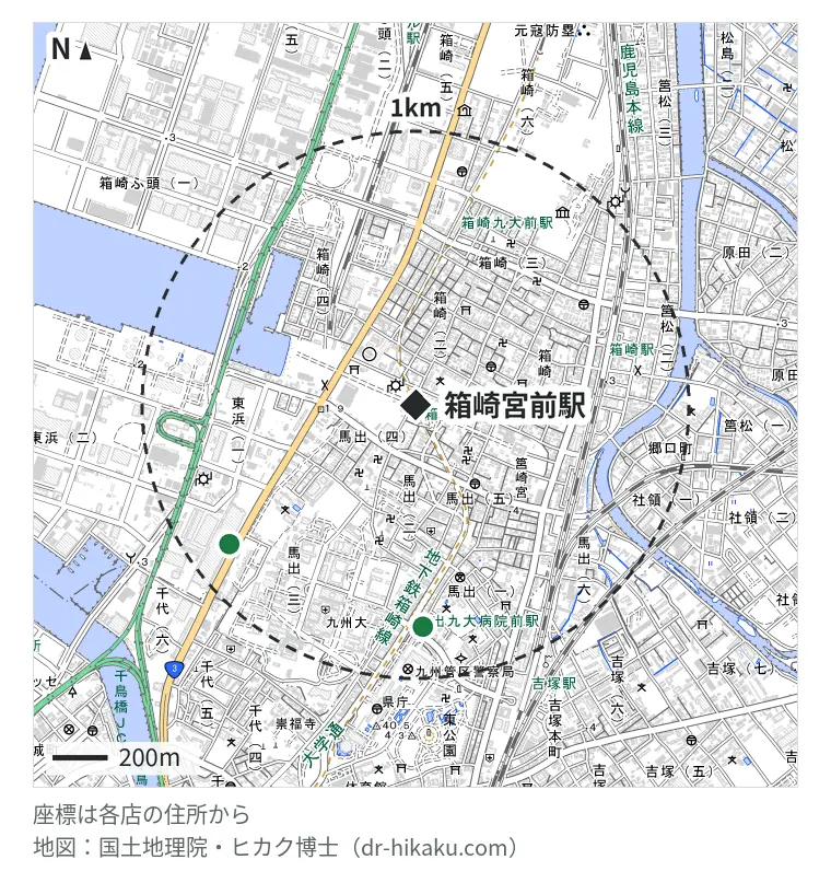 箱崎宮前駅周辺（1km以内）のiPhone修理店 2店の位置図：スマホ修理ジャパン 福岡東公園店 806m、スマホピッとイン ゆめタウン博多店 844m