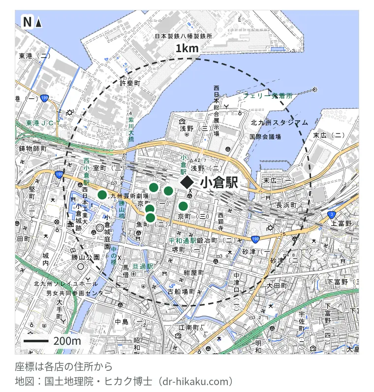 小倉駅周辺(1km以内)のiPhone修理店 6店の位置図:じゃんぱら 小倉駅前店 83m、iCrackedStore セントシティ北九州 164m、iPhoneお直し本舗 北九州小倉店 192m、GENIE(ジーニー) 小倉店 289m、スマップル 北九州小倉店 334m、カメラのキタムラ Apple製品修理サービス北九州・リバーウォーク北九州店 611m