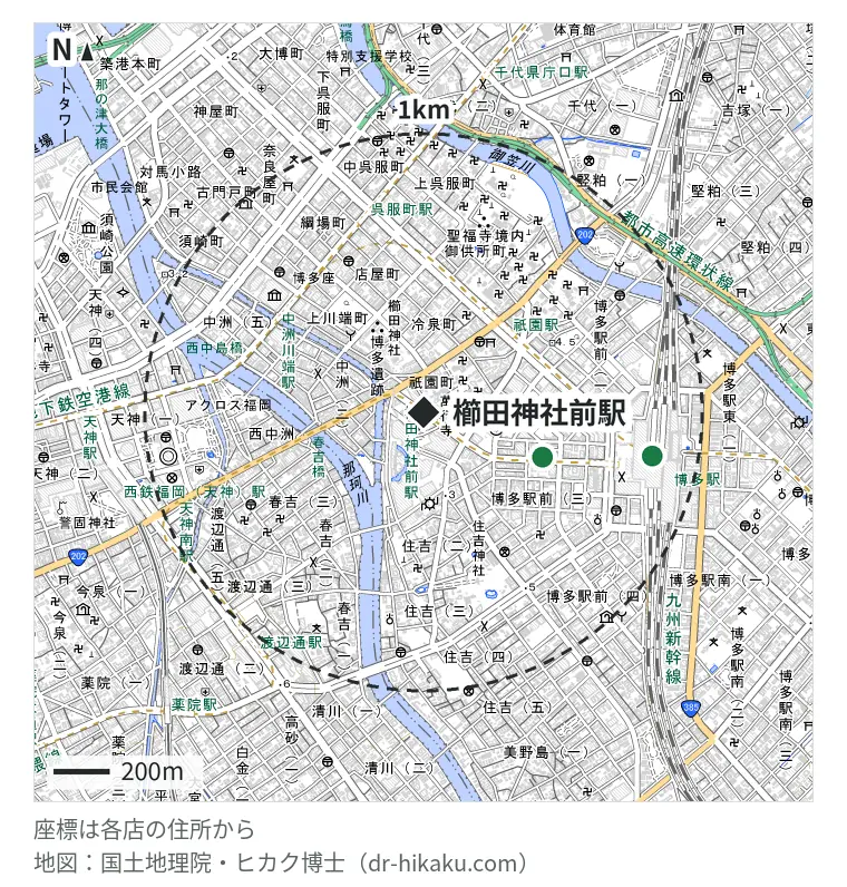 櫛田神社前駅周辺（1km以内）のiPhone修理店 5店の位置図：スマホ修理の匠 博多駅前店 453m、スマホ修理王 博多バスターミナル店 694m、スマップル 博多店 831m、iCrackedStore ハンズ博多 831m、モバイル修理救急便 アミュエスト博多店 831m
