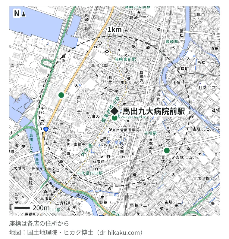 馬出九大病院前駅周辺（1km以内）のiPhone修理店 3店の位置図：スマホ修理ジャパン 福岡東公園店 88m、スマホピッとイン ゆめタウン博多店 733m、iPhone修理アイサポ 博多吉塚店 866m