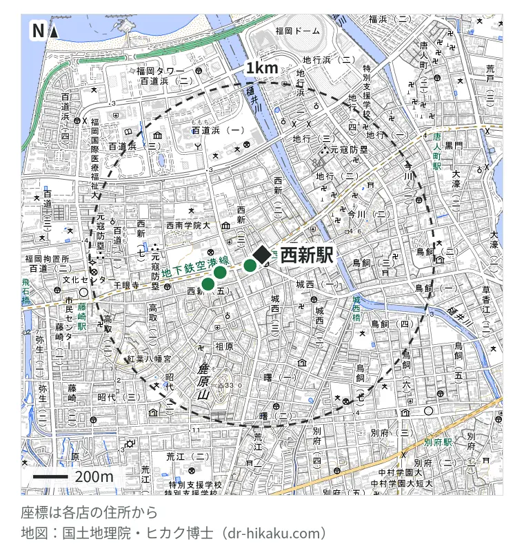 西新駅周辺（1km以内）のiPhone修理店 3店の位置図：スマホリペア 西新店 94m、iPhone修理アイサポ 西新店 263m、iatQ 355m