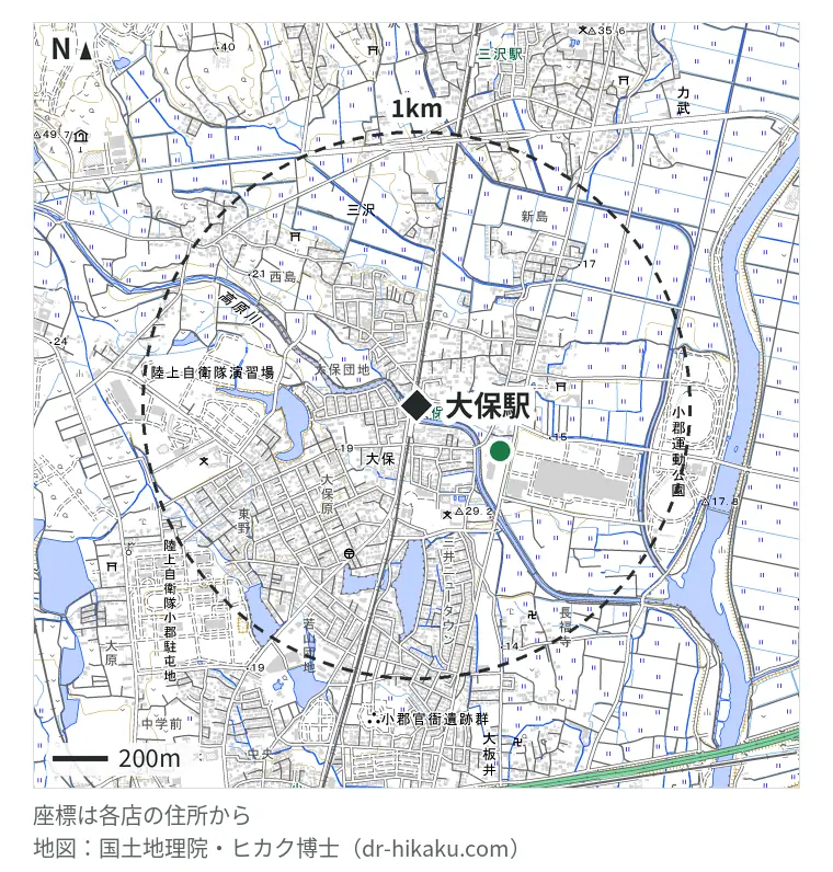 大保駅周辺（1km以内）のiPhone修理店 1店の位置図：iPhone修理アイサポ イオン小郡SC店 347m