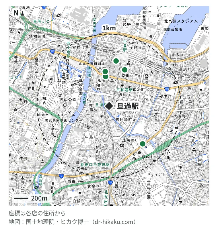 旦過駅周辺（1km以内）のiPhone修理店 5店の位置図：スマップル 北九州小倉店 409m、GENIE(ジーニー) 小倉店 479m、iCrackedStore セントシティ北九州 545m、じゃんぱら 小倉駅前店 630m、iPhone修理アイサポ 小倉店 701m