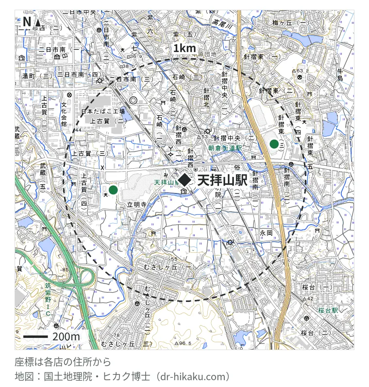 天拝山駅周辺（1km以内）のiPhone修理店 2店の位置図：スマートクール イオンモール筑紫野店 589m、スマホピッとイン ゆめタウン筑紫野店 791m