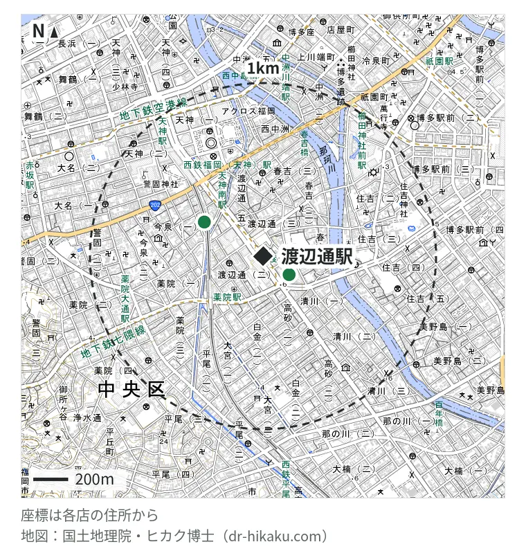 渡辺通駅周辺（1km以内）のiPhone修理店 3店の位置図：スマホ修理SHOP サンセルコ福岡店 183m、スマレンジャー サンセルコ店 183m、iPhone修理アイサポ 天神今泉店 389m