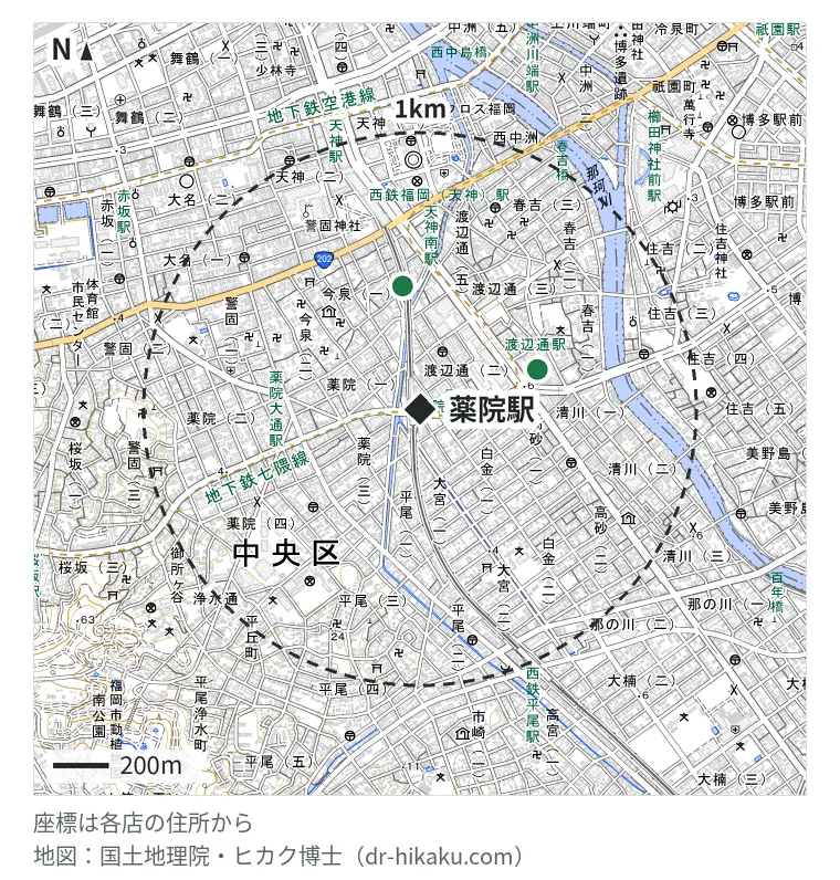 薬院駅周辺（1km以内）のiPhone修理店 3店の位置図：スマホ修理SHOP サンセルコ福岡店 432m、スマレンジャー サンセルコ店 432m、iPhone修理アイサポ 天神今泉店 437m