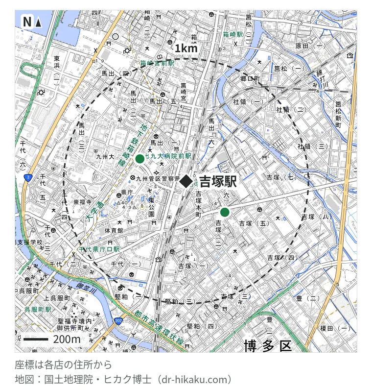 吉塚駅周辺（1km以内）のiPhone修理店 2店の位置図：iPhone修理アイサポ 博多吉塚店 403m、スマホ修理ジャパン 福岡東公園店 416m