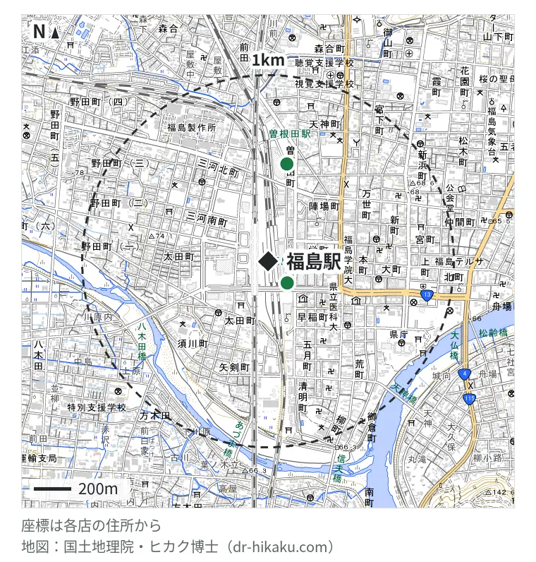 福島駅周辺（1km以内）のiPhone修理店 2店の位置図：スマホ修理SHOP エスパル福島店 138m、スマホ修理工房 MAXふくしま店 514m