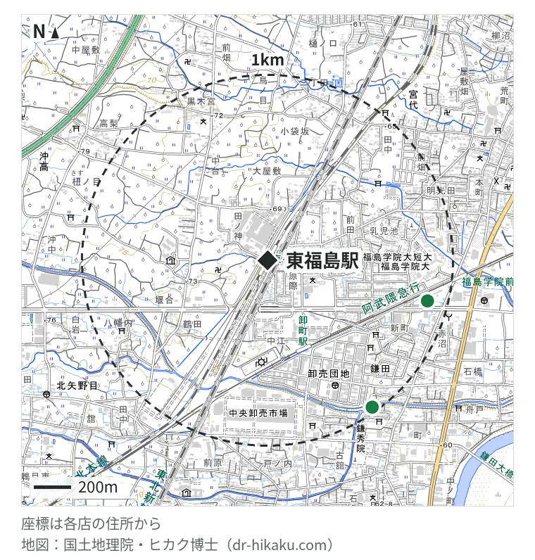東福島駅周辺（1km以内）のiPhone修理店 2店の位置図：iPhone修理アイサポ 福島鎌田店 885m、スマホ修理SHOP リオン・ドール鎌田店 967m