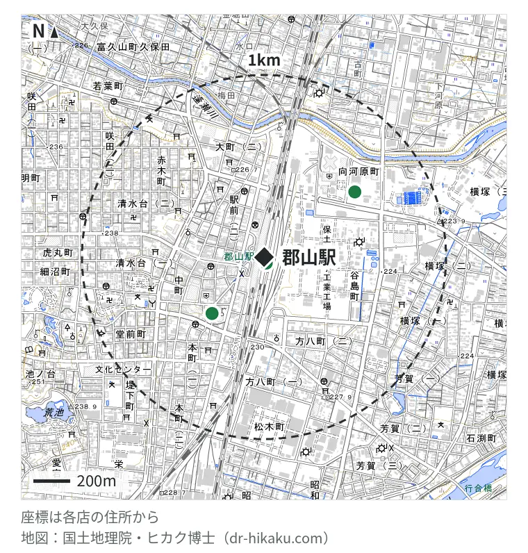 郡山駅周辺（1km以内）のiPhone修理店 3店の位置図：スマホ修理SHOP エスパル郡山店 21m、アイコール 413m、スマホBuyerJapan ドン・キホーテ郡山駅東店 602m