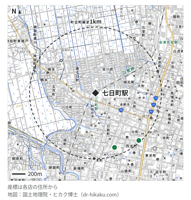七日町駅周辺（1km以内）のiPhone修理店 2店の位置図：iPhone修理アイサポ 会津若松店 870m、ピーシーアシストAIZU 969m