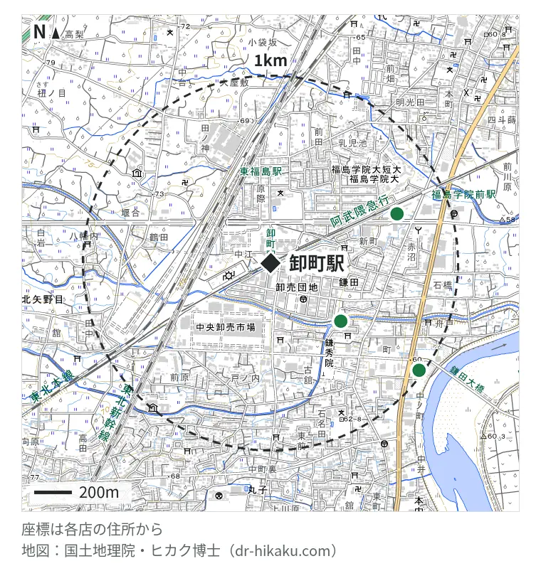 卸町駅周辺（1km以内）のiPhone修理店 3店の位置図：スマホ修理SHOP リオン・ドール鎌田店 484m、iPhone修理アイサポ 福島鎌田店 719m、スマホ修理工房 キホーテ福島店 970m